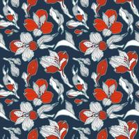 Dark blue floral seamless pattern white red alstroemeria buds and flowers for botanical natural print vector