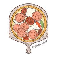 pizza de peperoni con salami caliente y mozzarella y tomate, ilustración de dibujo vector