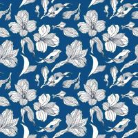 Dark blue floral seamless pattern with white alstroemeria buds and flowers for botanical natural print