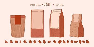 paquetes ecológicos de papel de café y granos de café en la técnica dibujada a mano vector