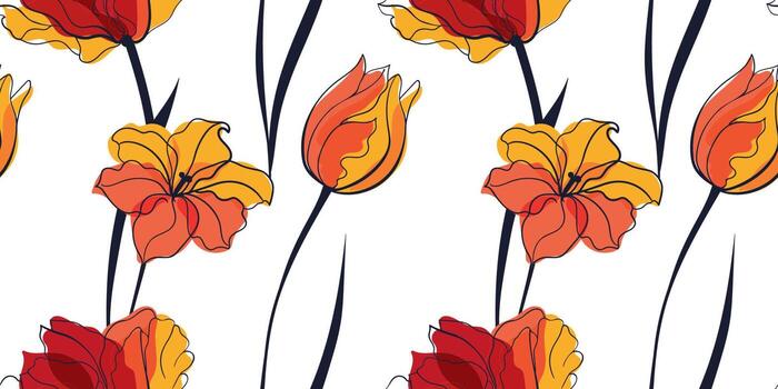 Yellow tulip field seamless pattern in the scandinavian style vector