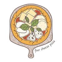 Four Cheese Pizza with ricotta and mozzarella and parmesan and gorgonzola, sketching illustration