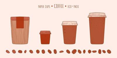 tazas de papel espresso y americano y latte y paquete y granos de café en la técnica dibujada a mano vector
