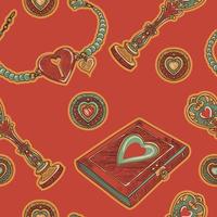 Valentine Day red vintage seamless pattern. Dairy and wax seal and bracelet in a retro sketch style on a red background vector