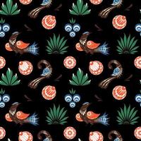 Russian folk dark seamless pattern with birds and roses