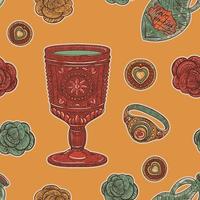 día de san valentín rojo vintage de patrones sin fisuras. taza de amor y rosas y anillos en un estilo de dibujo retro sobre un fondo amarillo vector