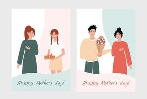 Mother s day present concept . Two greeting cards for mother s day. Daughter with gift and son with bouquet of tulips congratulate to mothers. Cute vector illustration in flat style.