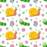 Seamless pattern with snail,caterpillar and flowers. Repeating vector pattern with insects.An idea for holiday invitations,children's creativity,for paper,fabric, textiles, gift wrapping, advertising.