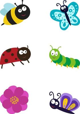 Butterfly, ladybug,worm, snail and flower set of insect icons.Cute cartoon kawaii characters. Flat Design White Background
