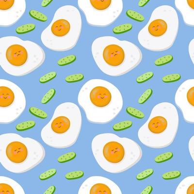 Seamless vector pattern of fried eggs and cucumbers. For printing, wrapping paper, restaurant menus, packaging, magazines, books, postcards, menu covers, web pages, fabrics, textiles, grocery stores.