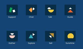 Shape icons concept for showing support, chat, talk, guide, gather, explore, sell, and sunshine. vector