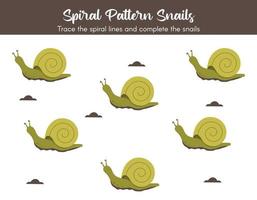 Preschool worksheet for practicing fine motor skills - tracing dashed spiral lines. Snails cartoon vector Illustration for kids.