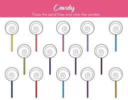 Preschool worksheet for early years learners for practicing fine motor and writing skills. Trace the spiral lines and color the candies. Handwriting training practice sheet for kindergarten children. vector