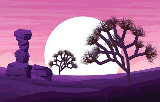 Sunset in Western American Yucca Tree Plant Vast Desert Landscape Illustration