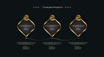 Three golden Business buttons charts with 3 Timelines Chart Infographics design on dark background, vector, illustration