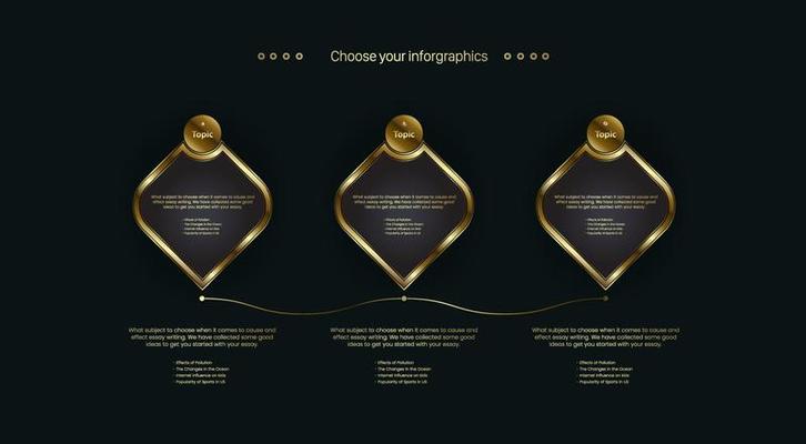 Three golden Business buttons charts with 3 Timelines Chart Infographics design on dark background, vector, illustration