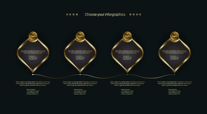The golden Business buttons charts with Four Timeline Process Chart Infographics design on dark background Template. vector, illustration