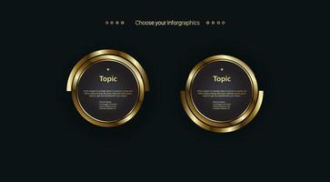 Two circles golden infographic option template design, objects, elements on dark background. and premuim banners for web buttons and work flow design vector