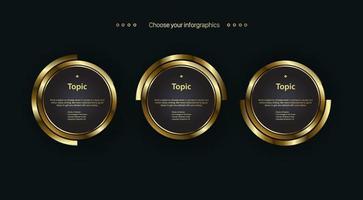 Three circles golden infographic option template design, objects, elements on dark background. three modern premuim banners for web buttons and work flow. vector, illustration vector