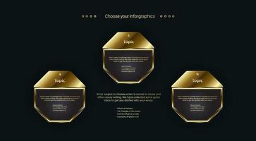 Three golden polygon shape buttons design and the premium options chart for levels template, the dark golden buttons on dark background design, vector, illustration vector