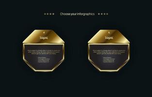 Two polygon shape buttons design in golden color on dark back ground, the 2 premium options chart for levels and workflow template, the dark golden buttons on black background design