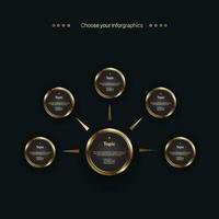Set of circles golden infographic option design, objects, elements on dark background. used in level charts and work flow vector