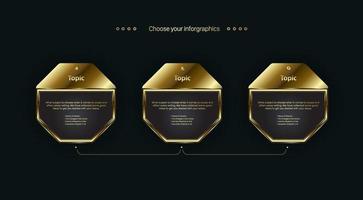 Three polygon golden shape buttons design, the premium options chart for levels and workflow template, the dark golden buttons on black background design, vector, illustration vector