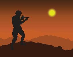 silhouettes of man standing on mountain holding gun vector