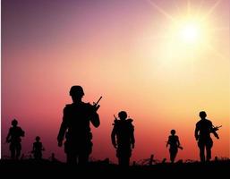 silhouettes of soldiers walking on the battlefield vector