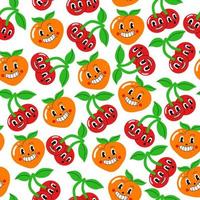 Cartoon characters background. Bright seamless pattern with peach and cherry. Vector background with funny cute comic characters in trendy retro cartoon style.