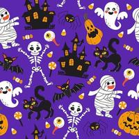 patrón transparente festivo púrpura de halloween. fondo interminable con calabazas, esqueletos, murciélagos, arañas, fantasmas, huesos, dulces, zombis, ojos, castillos y gatos.