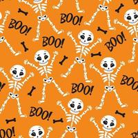 Halloween holiday seamless pattern background with hand-drawn elements-funny skeletons, bones and inscriptions on a bright orange background. Vector illustration.