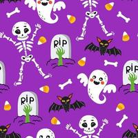 patrones sin fisuras de halloween. fondo interminable con esqueletos, murciélagos, fantasmas, huesos, dulces y lápidas. ilustraciones brillantes de estilo de dibujos animados dibujados sobre un fondo morado. vector
