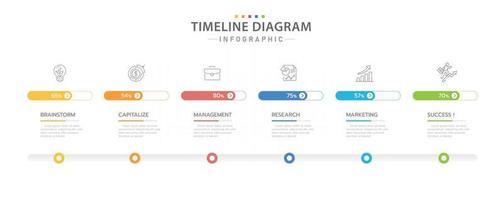 plantilla infográfica para negocios. Diagrama de línea de tiempo moderno de 6 pasos con barra de progreso, infografía vectorial de presentación. vector