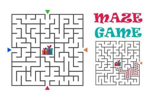 Square maze labyrinth game for kids. Labyrinth logic conundrum. Four entrance and one right way to go. Vector flat illustration