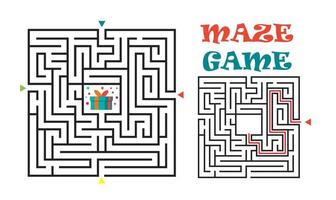 Square maze labyrinth game for kids. Labyrinth logic conundrum. Four entrance and one right way to go. Vector flat illustration isolated on white background.