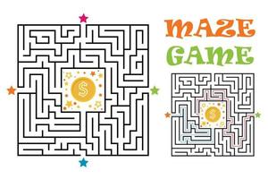 Square maze labyrinth game for kids. Labyrinth logic conundrum with golden coin. Four entrance and one right way to go. Vector flat illustration