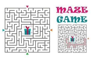 Square maze labyrinth game for kids. Logic conundrum. Four entrance and one right way to go. Vector flat illustration isolated on white background.