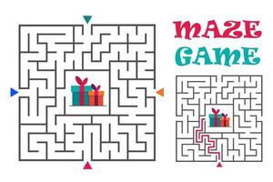 Square maze labyrinth game for kids. Labyrinth logic conundrum. Four entrance and one right way to go. Vector flat illustration isolated on white background.