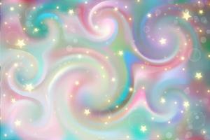 Fantasy unicorn background. Holographic illustration in pastel colors. Cute cartoon girly background. Bright multicolored sky with stars. Vector illustration