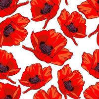 Seamless pattern with hand drawn wild red poppy flowers isolated on white background. Design element for textile, fabrics, wrapping paper or wallpapers. Vector illustration.