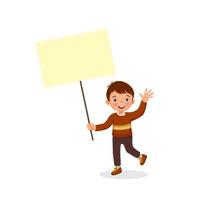 niño pequeño feliz sosteniendo una pancarta vacía o un cartel con una plantilla de espacio en blanco para texto, mensajes y anuncios vector
