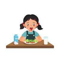 Little girl feeling disgusted for eating fruits and vegetables pushing plate away refusing to eat vector