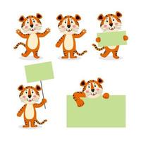 Set of cute tiger cartoon characters holding empty banner waving, posing and standing behind blank poster for texts, greeting card and web design