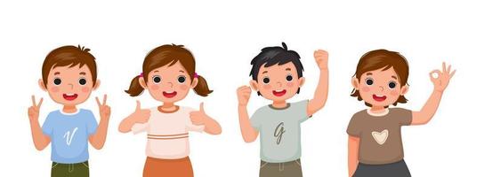 Cute happy children with different positive emotions, feelings, excited facial expressions, thumb up hand gestures, such as fist pump success yes sign , self confidence, and optimistic body languages vector
