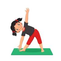 niñita haciendo ejercicios de gimnasia practicando pose de yoga en una alfombra verde interior en casa vector