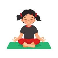 niñita haciendo ejercicios de gimnasia practicando meditación de yoga sentada en una pose de loto en una alfombra verde interior en casa vector