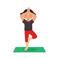 Cute little girl doing gymnastic fitness exercises practicing yoga pose on a green mat indoor at home vector