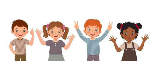 Cute happy children with different positive emotions, feelings, excited facial expressions, thumb up and waving hand gestures, success V sign ,self confidence, and optimistic body languages vector