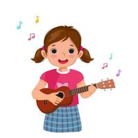niña linda feliz tocando el ukelele cantando y sosteniendo la guitarra con expresión facial sonriente vector